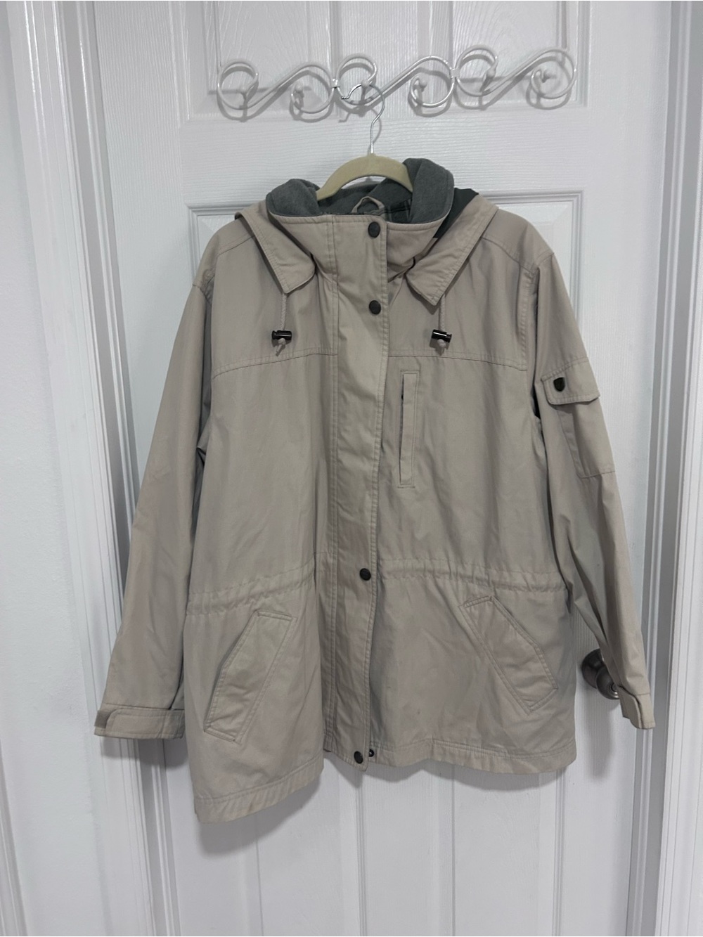 Pacific Trail Tan & Green Plaid Lined Jacket w Removable Hood. Size XL